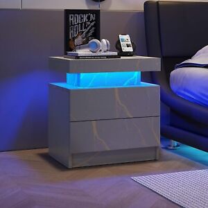 LED Nightstand Bedside Table Cabinet Lights Modern End Side Bedroom  White Stone