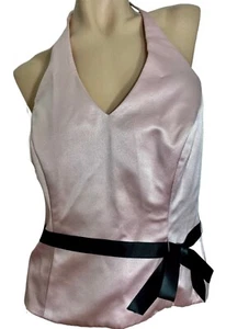 NWT XSCAPE by Joanna Chen Halter Top 12 Pink w Black Ribbon Trim Back Zip Satin - Picture 1 of 10