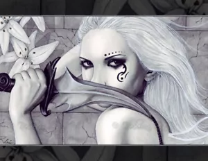 Fantasy Art PRINT Fee Gothic Messer Assassine Lilien weiß blasses Haar schwarze Fae - Bild 1 von 4