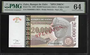 Zaire Specimen 20,000 Nouveaux Zaires 1996 PMG 64 UNC P#72s PMG Population 7/3 - Picture 1 of 4