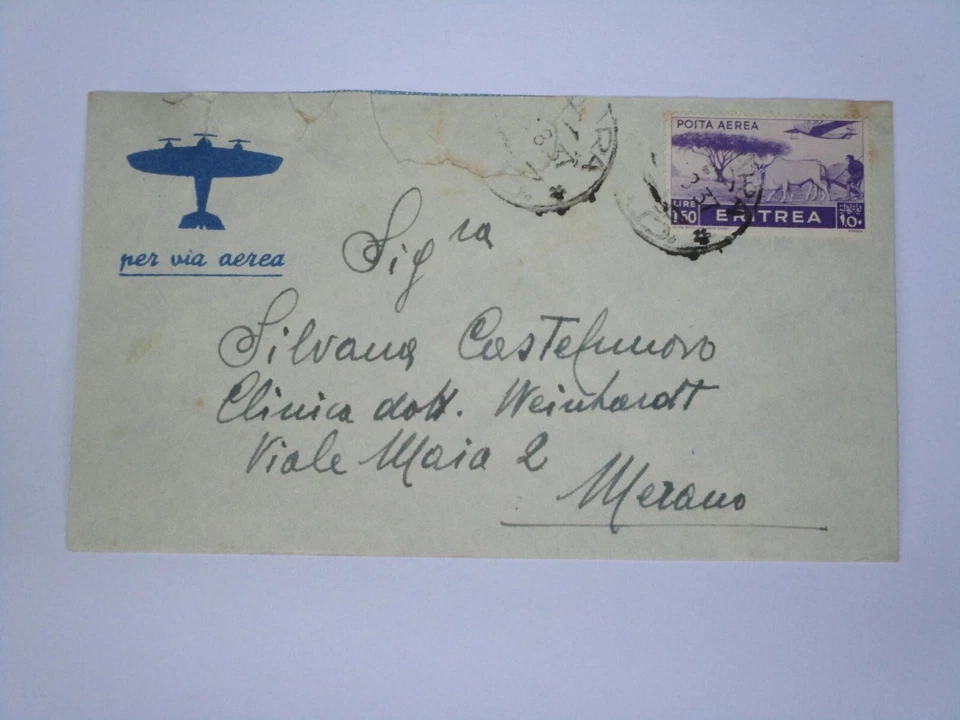 Busta lettera con francobollo Eritrea lire 0,50 di Posta Aerea annullo 1937 - Immagine 1 di 3