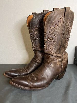 Botas LUCCHESE 1883 Marrón Cuero Cabra Puntera Corta Patrón Cruzado Tachuelas 9B ¡HECHAS EN EE. UU.! Foto 1 de 4