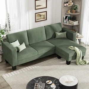 L-Shaped Convertible Sectional Sofa 3 Seater with Corduroy Fabric, Complete w... - Picture 1 of 4