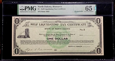 1933 NORTH DAKOTA Bismarck, Depression-Era Self Liquidating Tax Certificate, PMG - Image 1 of 4