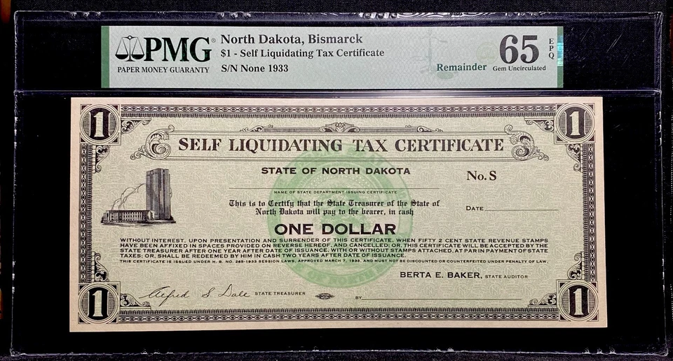 1933 NORTH DAKOTA Bismarck, Depression-Era Self Liquidating Tax Certificate, PMG - Image 1 of 4
