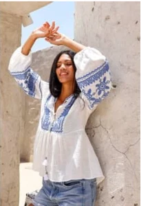 SCARLETT POPPIES Naxos Emroidered Balloon Sleeve Bohemiam Top Blouse Size XS - Picture 1 of 13