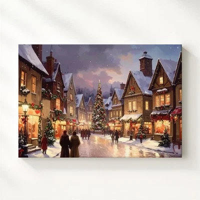 Twilight Christmas Village Canvas Romantic European Holiday Market Art Wall Art - Image 1 of 4