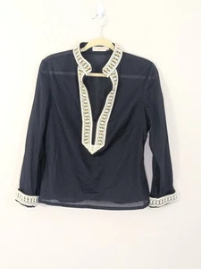 Tory Burch Embroidered Cotton Tunic Top in Navy Blue Yellow Stones Sz 10 Medium - Picture 1 of 7