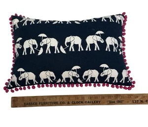 Pillow - Navy With White Elephants Has Pink Ball Fringe Removable Zippered Cover - Picture 1 of 7
