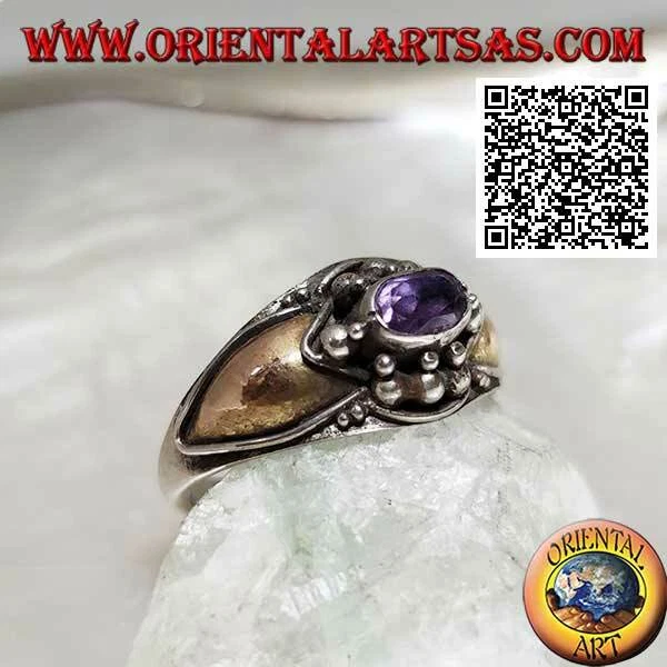 Anello in Argento 925‰ ametista ovale con palline e placche in oro 14 carati sui - Immagine 1 di 1