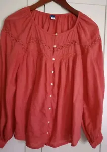 Old Navy Womens Size M Medium Peasant Blouse Orange Long Sleeve Button Lace - Picture 1 of 7