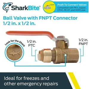 SharkBite 1/2" Inch Brass Push-To-Connect PEX x FNPT Ball Valve 22182-0000LF  - Picture 1 of 4