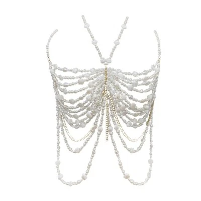 Sujetador con cuentas para mujer Bralette de perlas busto arnés de pecho chaleco de fiesta blanco Foto 1 de 4