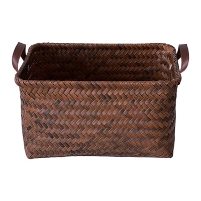 1X PU Handle Storage Basket Imitation Rattan Woven Laundry Washing Basket Home - Image 1 of 4