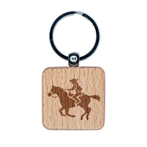 Wild Western Cowboy Riding on Horse Engraved Wood Square Keychain Tag Charm - Picture 1 of 6