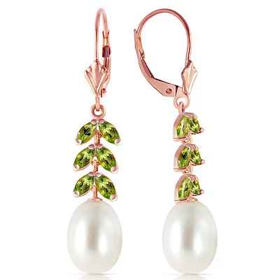14K Solid Rose Gold Leverback Earrings with Peridot & pearls - Image 1 of 4