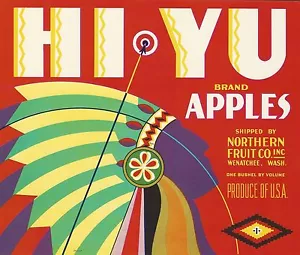 OLD ORIGINAL 1940'S ART DECO CHIEF "HI YU BRAND" BOX LABEL WENATCHEE WASHINGTON - Picture 1 of 1