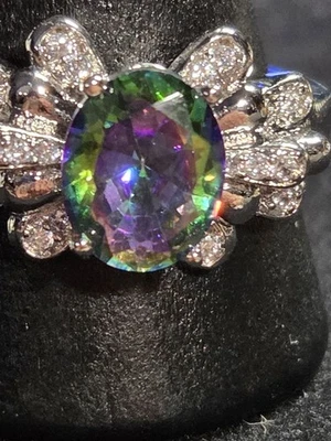 Mystic Topaz Rainbow Oval Cocktail Ring 10.25 CZ Accents Floral Setting - Image 1 of 4