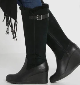 UGG® AUSTRALIA MISCHA BLACK LEATHER TALL WEDGE BOOTS UK 6.5 EU 39 USA 8 RRP £225 - Picture 1 of 10