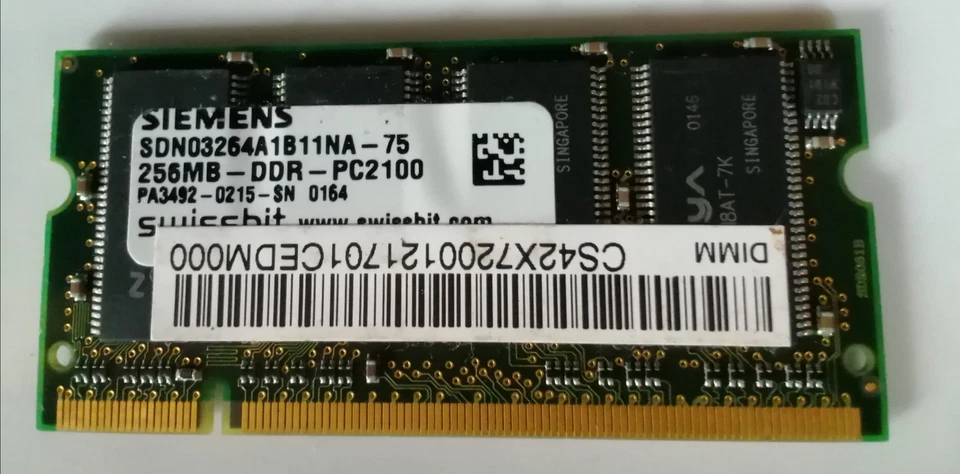 Siemens SDN03264A1B11NA-75 256MB-DDR-PC2100 DIMM CS42X7200121701CEDM000 - Bild 1 von 3