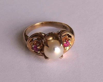 Schöner 14K Goldring mit einer Perle und 2 Rosa Turmaline ca. 4,73g - Bild 1 von 4