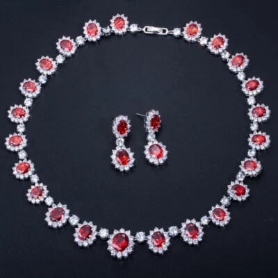 Silver Plated Flower CZ Blue Women Party Necklace Earring Costume Jewelry Set - Image 1 of 4