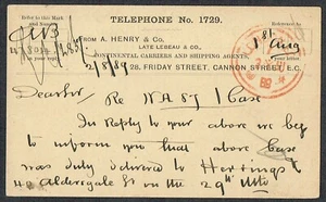 1889 1/2d PS Card London Geometric Cancel and RARE RED HOSTER Machine Cancel VFU - Picture 1 of 2