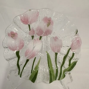 "Plato de arte rosa resorte vidrio tulipanes fundido Ann C Ross firmado tazón borde con volantes" - Imagen 1 de 8