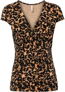Shirt mit tiefem V-Ausschnitt Gr. 36/38 Leo Bedruckt Damen Kurzarmshirt Neu - Imagen 1 de 1