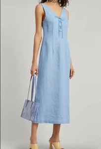 Paloma Wool Dress Size 36 (Small) Emma Blue Linen Midi Sleeveless Summer Resort - Picture 1 of 9
