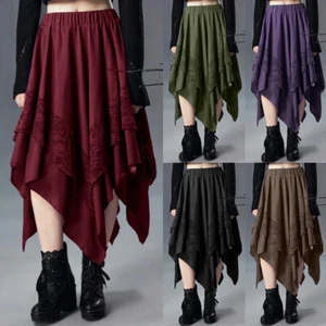 Women Gothic Punk Lace Asymmetrical Hem Midi Skirts Ladies Retro Halloween Dress - Picture 1 of 26