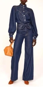 7 For All Mankind Denim Blue Long Sleeve Wide Leg Belted Lustre Jo Jumpsuit XS - Picture 1 of 16