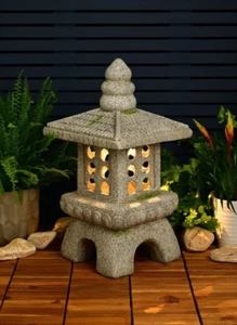 Rustic Pagoda Ornament With Solar LED Auto on at Dusk Light Up Garden Ornament - Picture 1 of 2