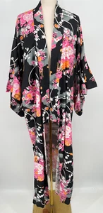VTG Japanese kimono Duster Women's S/M 56" floral Blossoms Black Pink long print - Picture 1 of 9