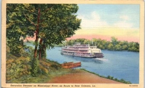EXCURSION STEAMER Mississippi River NEW ORLEANS, LA boat linen c1943 - Postcard - Foto 1 di 2
