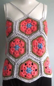 New Handmade Crochet Size M (34 Inches) Beige African Flower Hexagon Blouse Tops - Bild 1 von 4