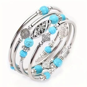 Wickelarmband Boho Armband Silber Edelstahl Steine Charm Tigerauge Türkis Kaiser - Bild 1 von 8