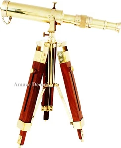  Nautical Polished Brass Telescope With Wooden Tripod Stand Desk Decor - Picture 1 of 5