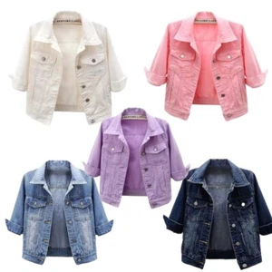 Women's 3/4 Sleeve Jean Jacket Frayed Washed Button Up Denim Jacket Coat - Picture 1 of 55