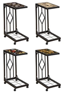 END TABLE TV TRAY SLIDE UNDER COUCH TABLE ON WHEELS OUTDOOR THEME FABRIC TOP - Picture 1 of 25