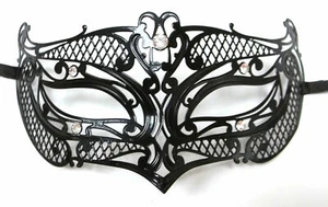 Male Small Black Laser Cut Venetian Masquerade Metal Filigree Mask Men Boys - Picture 1 of 3