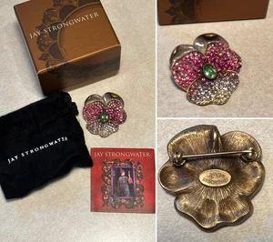 New JAY STRONGWATER Pink Pansy Flower Crystal Rhinestone Brooch/Pendant Combo - Picture 1 of 7