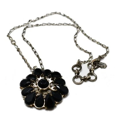 Lucky Brand Black Rhinestone Flower Pendant Necklace, 18 Inches, Distressed - Image 1 of 4