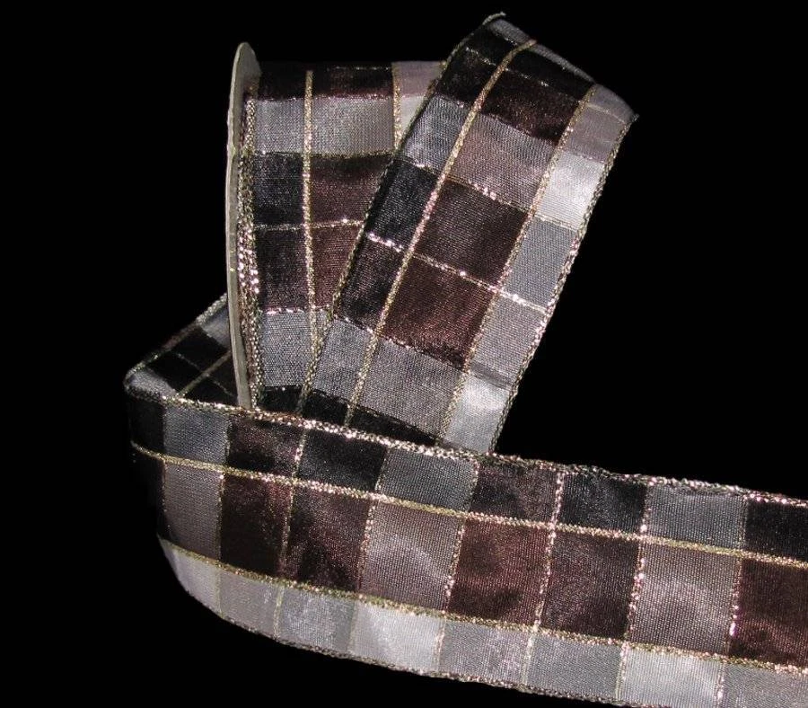 Cinta de 5 yardas marrón negro gris blanco oro bloqueado a cuadros como cable 1/2" W Foto 1 de 1