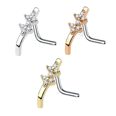 L Bend Nose Stud Rings Nose Crawlers 316L Surgical Steel CZ Double Diamond - Image 1 of 2