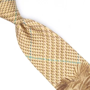 Polo Ralph Lauren Mens Silk Necktie Beige Lt Brown Plaid Golf Scene Print Tie  - Picture 1 of 7