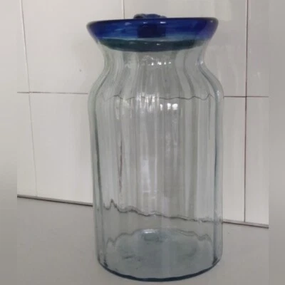 Handmade Clear And Blue Glass Cookie Jar  - Image 1 of 4