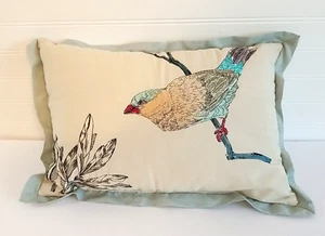 Madison Park Quincy Decorative Throw Pillow Embroidered Bird Beige Blue - Picture 1 of 15
