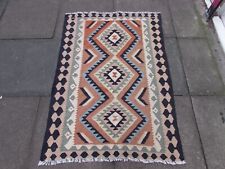 Vintage Traditional Hand Made Oriental Wool Pink Blue Small Kilim 133x94cm