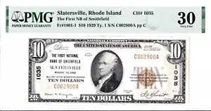 $10 1929 T1 National SLATERSVILLE Rhode Island RI 🇺🇸 PMG 30 Very Fine! - Picture 1 of 2
